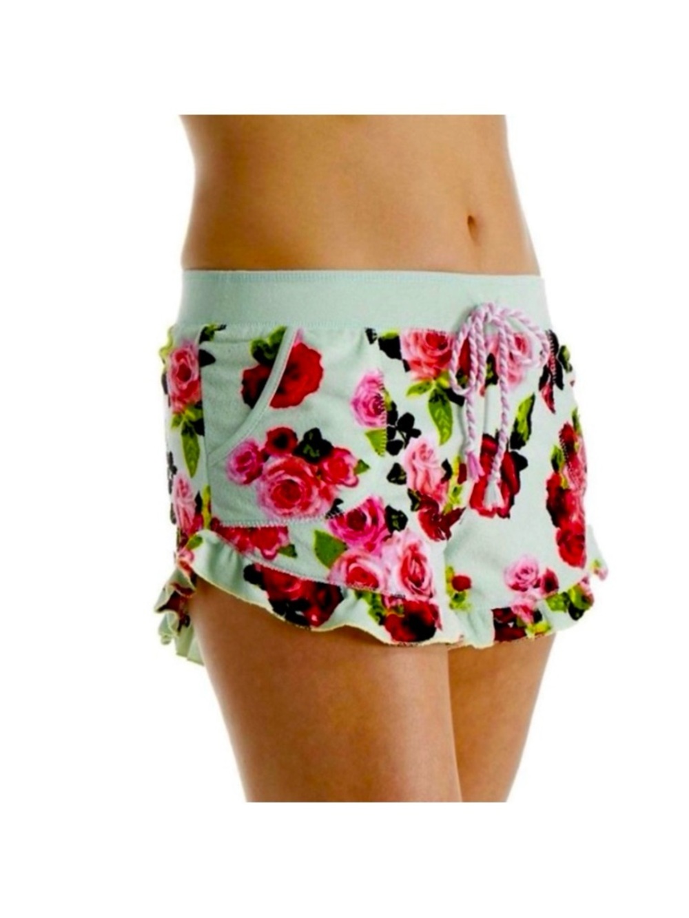 🌸NEW | BETSEY JOHNSON 🎀 Green Lagoon of Roses 🌹Terrycloth Ruffle Hem Shorts